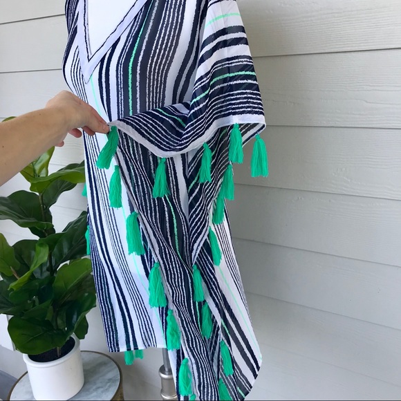 NWT Navy + Green Tassel Caftan CoverUp Beach Dress - Picture 4 of 8
